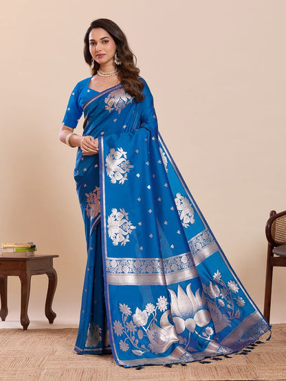 Blue Color Soft Silk Fabric Woven Jari Designer Partywear Saree