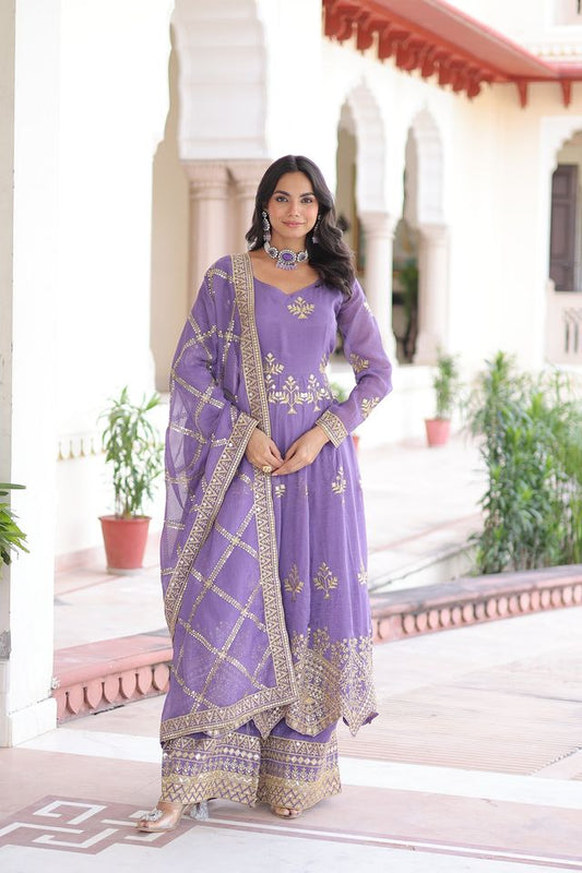 Lavender Color Silver Crunchy Fabric Sequins Embroidered Wedding Ceremonial Sharara Suit