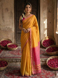 Mustard Color Stylish Cotton Woven Designer Partywear Saree