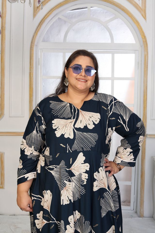 Blue Color Rayon Fabric Designer Printed Plus Size Kurta For Girls