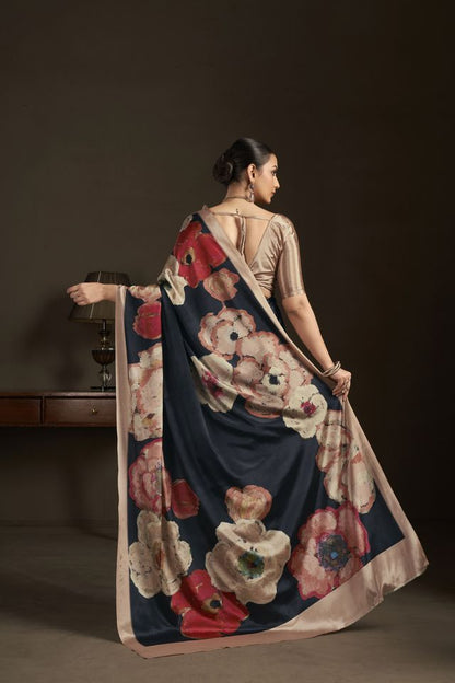 Black Color Stylish Digital Printed Silk Crepe Fabric Saree For Trendy Looks