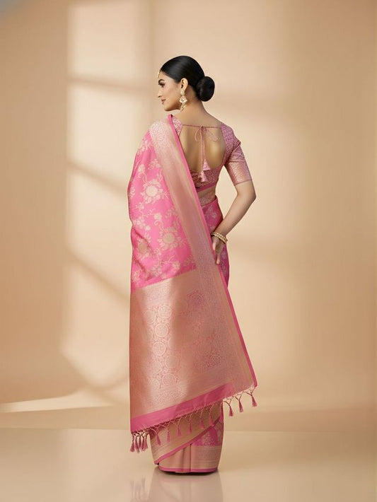 Pink Color Ethnic Crepe Silk Fabric Woven Jacquard Designer Ceremonial Saree
