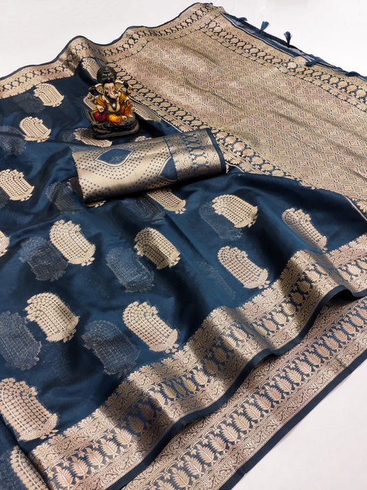Navy Blue Weaving Soft Organza Saree With Blouse