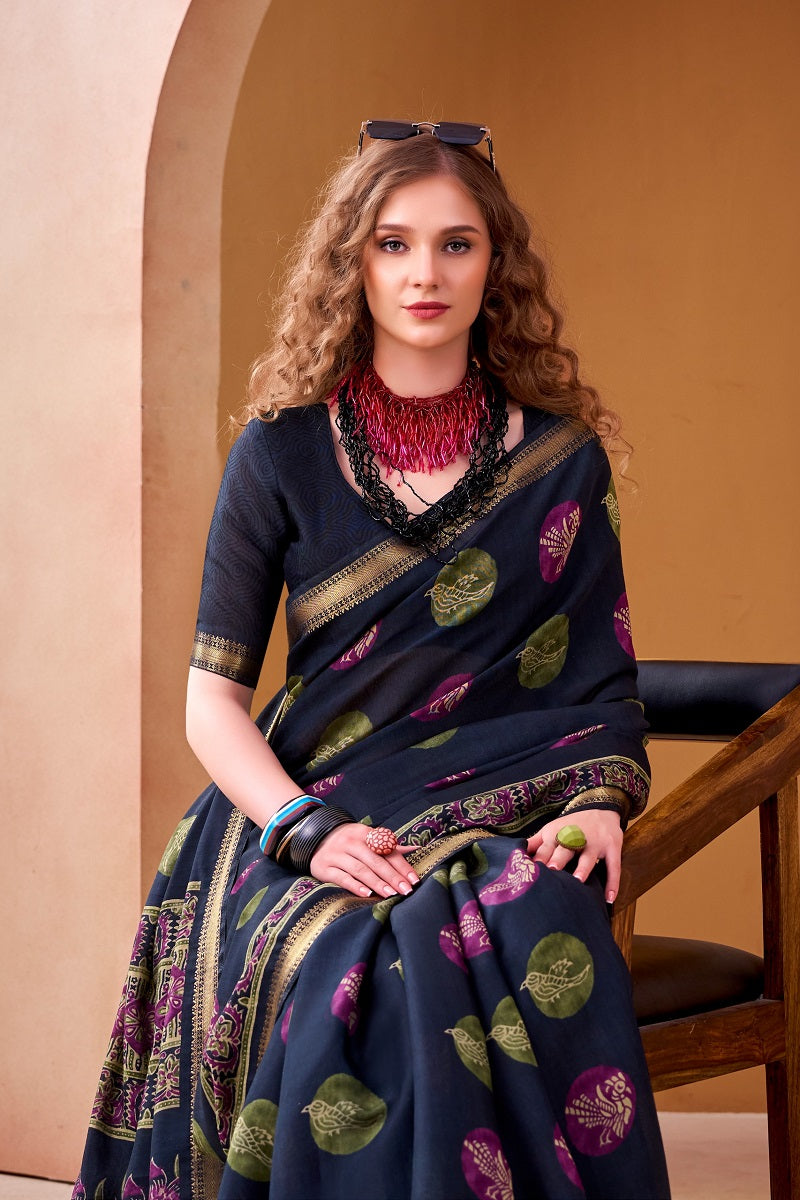 Navyblue P.V Chanderi Printed Casual Saree With Unstitched Blouse