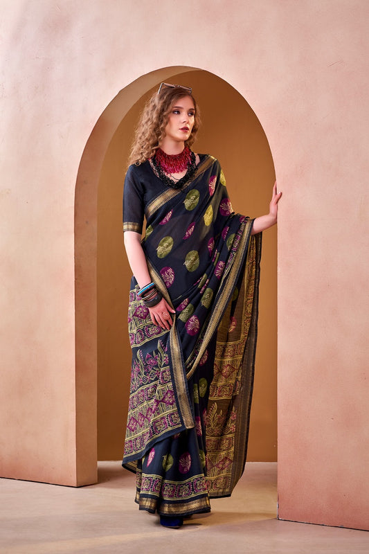 Navyblue P.V Chanderi Printed Casual Saree With Unstitched Blouse