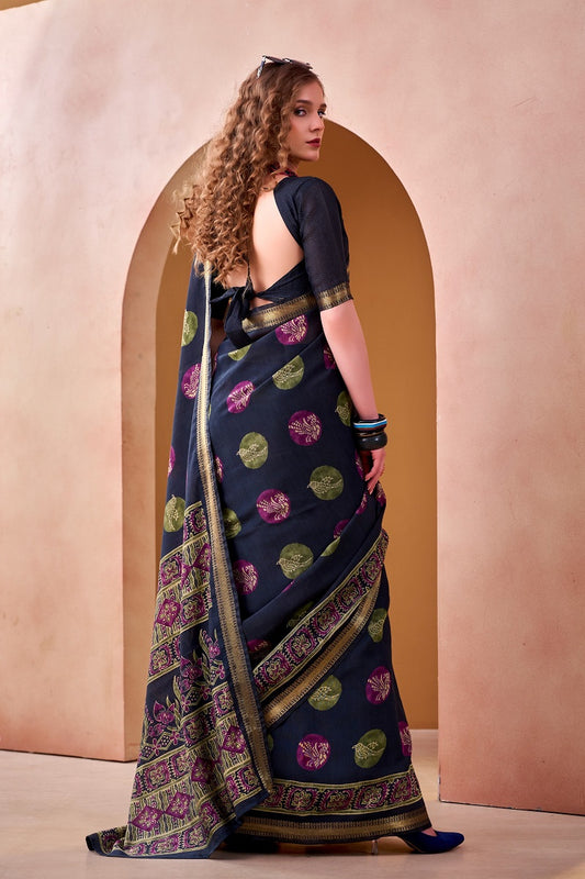 Navyblue P.V Chanderi Printed Casual Saree With Unstitched Blouse