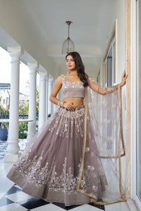 Brown Heavy Embroidery Net Semi Stitch A Line Lehenga With Blouse