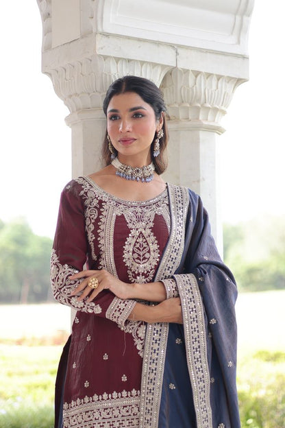 Maroon Color Designer Ethnic Heavy Partywear Suit For Ceremonial Looks