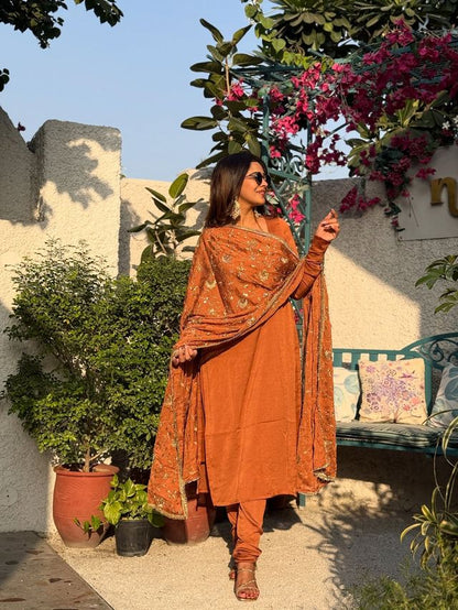 Rust Color Vichitra Fabric Beautiful Partywear Dress For Girls