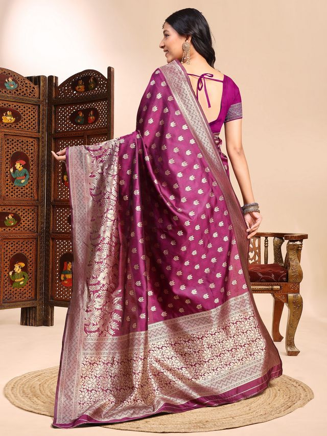 Purple Color Ethnic Lichi Silk Fabric Graceful Woven Designer Saree