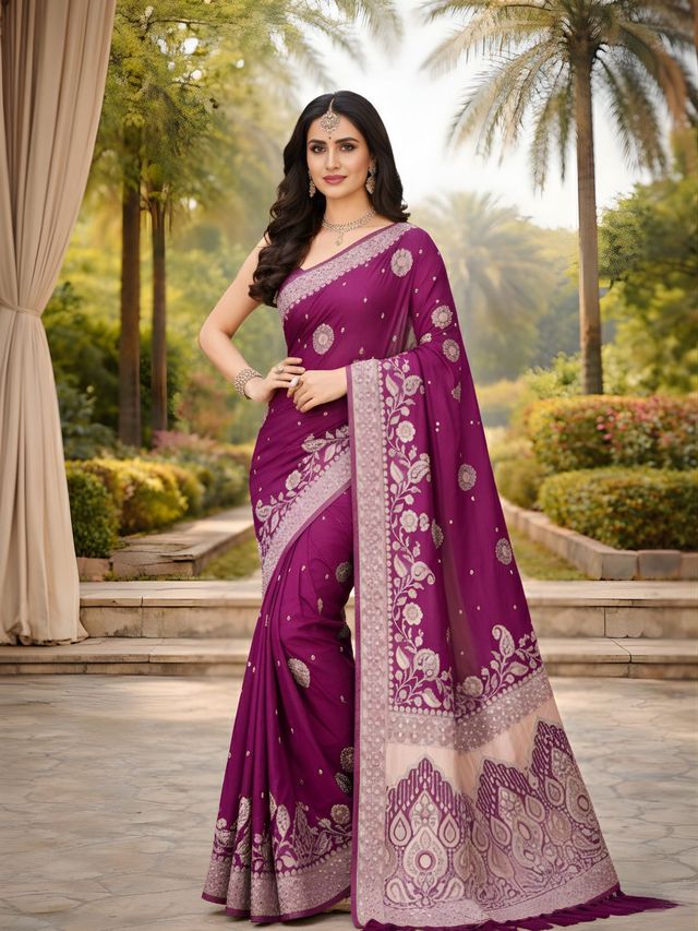 Wine Color Ethnic Crepe Silk Fabric Woven Jacquard Designer Ceremonial Saree