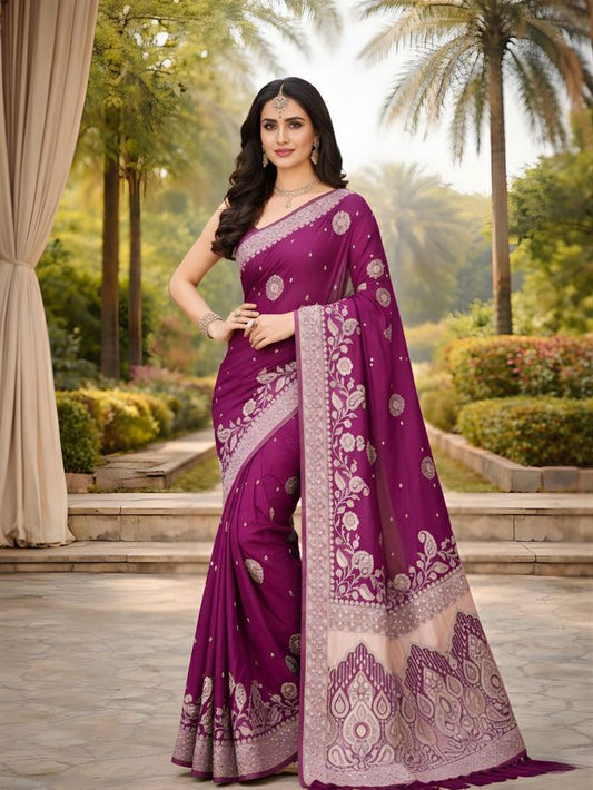 Wine Color Ethnic Crepe Silk Fabric Woven Jacquard Designer Ceremonial Saree