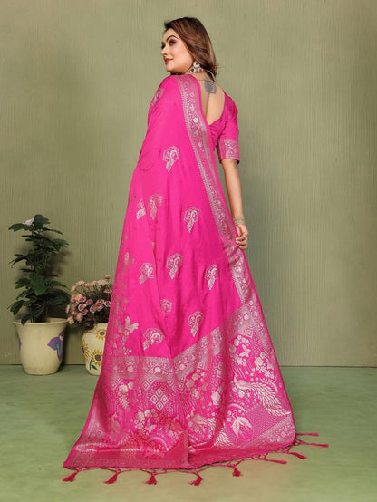 Pink Color Satin Silk Fabric Woven Jari Designer Partywear Saree