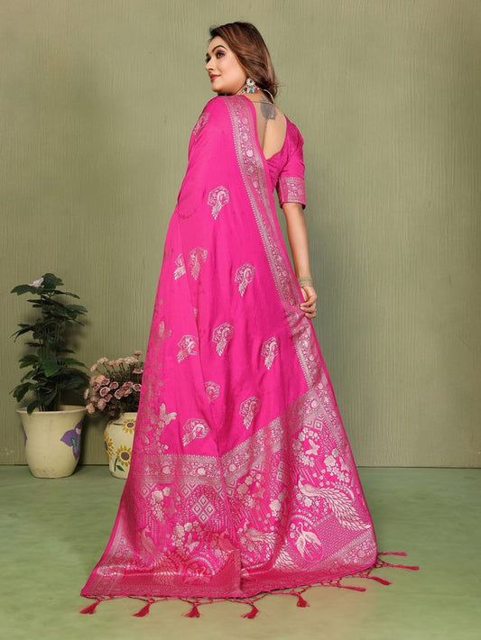 Pink Color Satin Silk Fabric Woven Jari Designer Partywear Saree