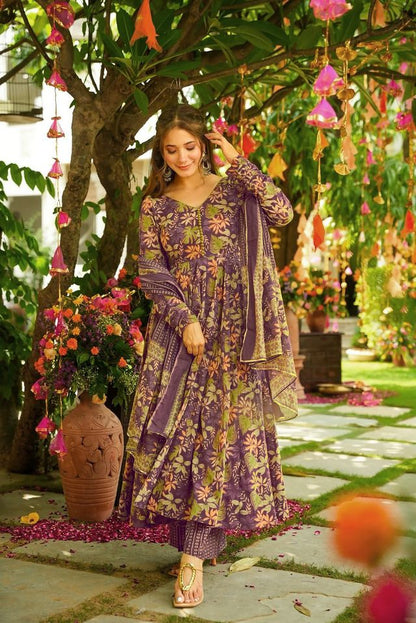 Purple Color Muslin Fabric Designer Digital Printed Palazzo Suit