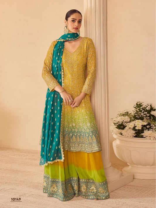 Yellow pure geogette full stitched suit Free Size upto 42