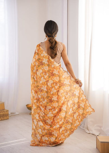Mustard Color Chinon Fabric Digital Print Smart Ethnic Saree