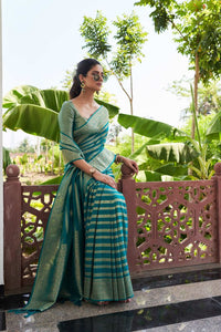 Teal Color Beautiful Woven Designer Partywear Ethnic Saree