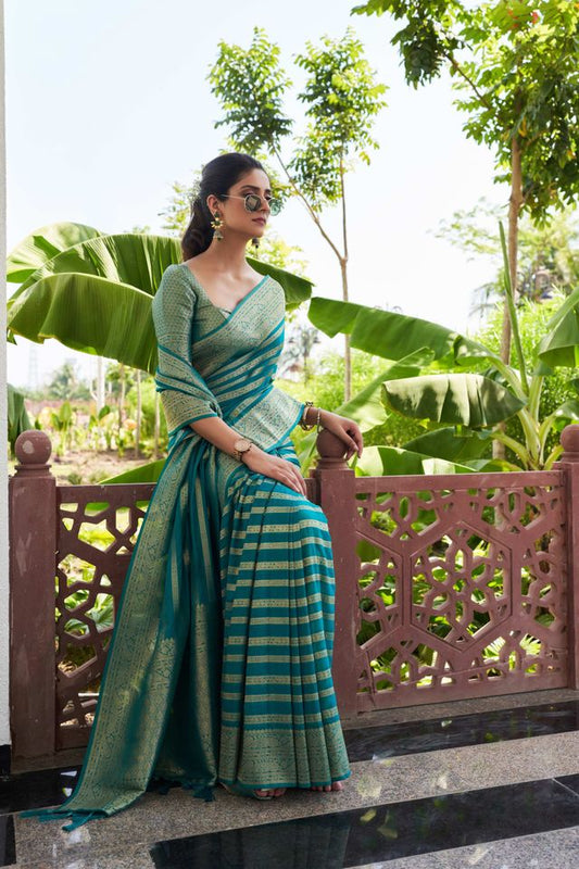 Teal Color Beautiful Woven Designer Partywear Ethnic Saree