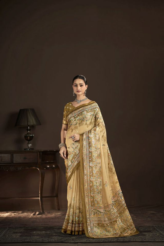 Beige Color Crepe Silk Fabric Designer Foil Printed Saree