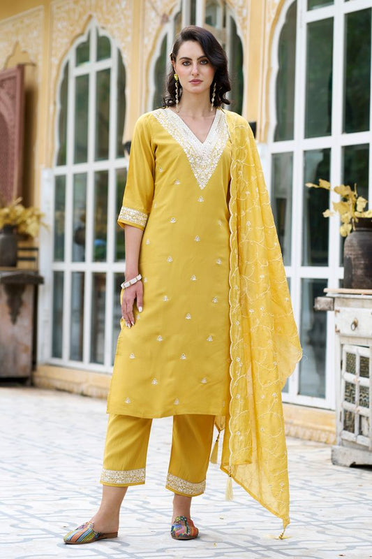 Yellow Color Silk Blend Fabric Smart Embroidered Girlie Trendy Salwar Suit