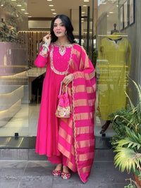 Pink Color Ethnic Cotton Silk Fabric Readymade Kurta Set With Dupatta