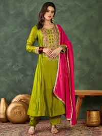 Green Color Vichitra Silk Fabric Designer Embroidery Work Graceful Partywear Suit
