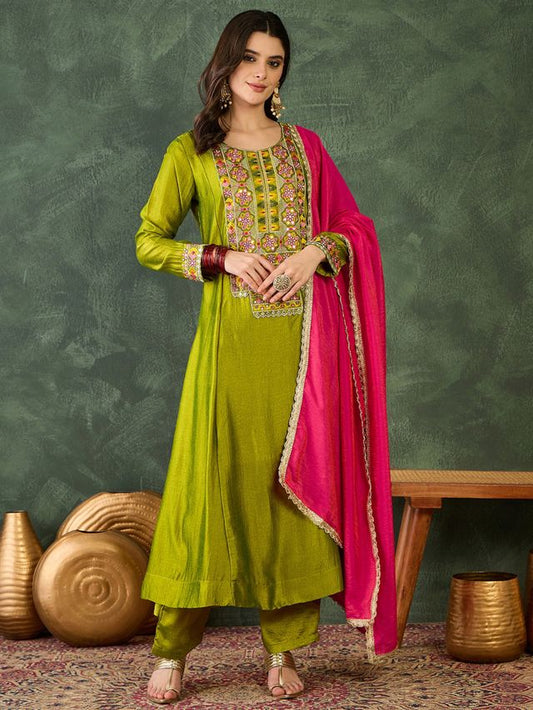 Green Color Vichitra Silk Fabric Designer Embroidery Work Graceful Partywear Suit
