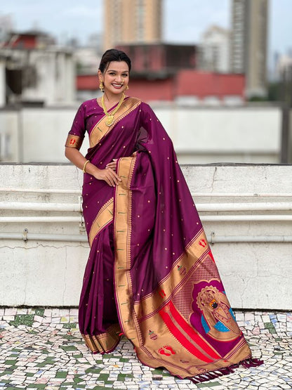 Wine Color Soft Silk Fabric Woven Paithani Designer Cultural Rich Saree