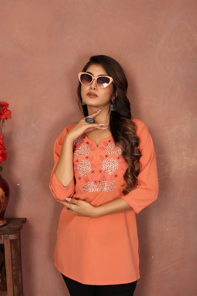 Peach Color Rinkal Cotton Fabric Formal Looking Casual Short Kurta