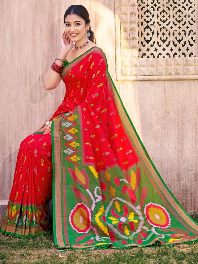 Red Color Pochampalli Silk Fabric Designer Woven Ethnic Ceremonial Saree