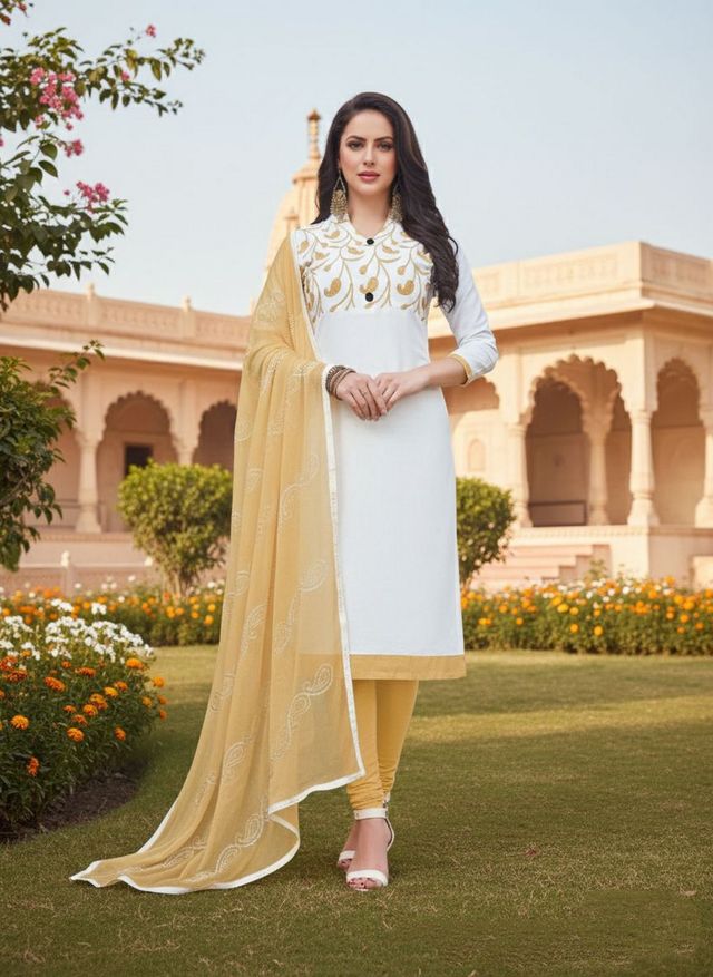 White Color Cotton Slub Fabric Designer Casual Suit With Embroidery