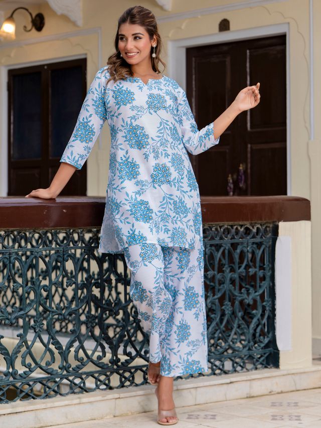 Blue Color Smart Cotton Blend Fabric Designer Printed Smart Co-ord Set