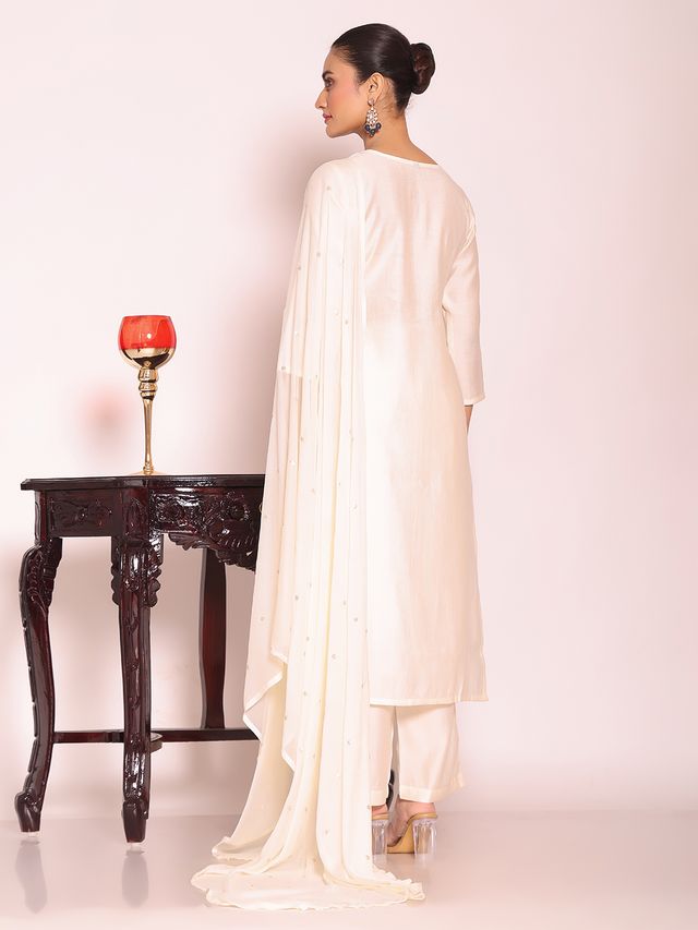 Off White Color Beautful Poly Silk Fabric Stylish Partywear Attire For Girls