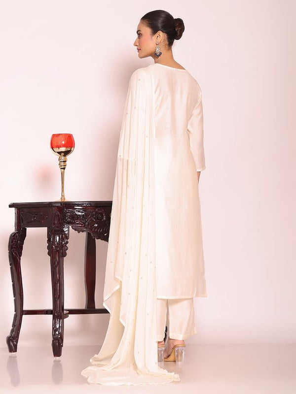 Off White Color Beautful Poly Silk Fabric Stylish Partywear Attire For Girls
