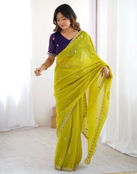 Lemon Color Chinon Fabric Embroidery And Pearl Work Work Designer Saree