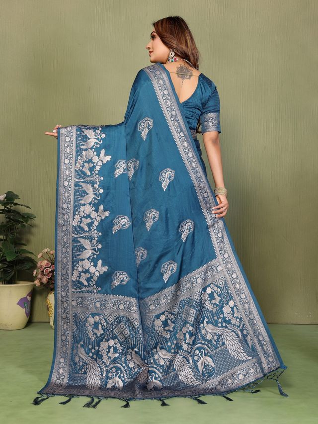 Teal Blue Color Satin Silk Fabric Woven Jari Designer Partywear Saree