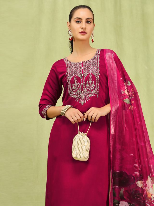 Pink Color Viscose Roman Silk Fabric Designer Embroidered Suit