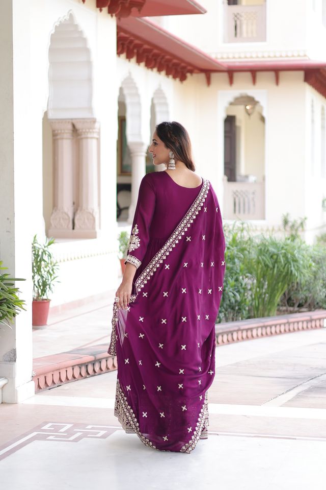 Purple Color Heavy Embroidered Ethnic Beautiful Gown With Dupatta