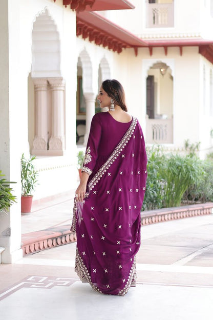 Purple Color Heavy Embroidered Ethnic Beautiful Gown With Dupatta