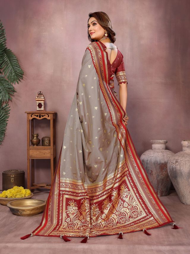 Grey Color Handloom Silk Fabric Jacquard Weaving Designer Partywear Saree