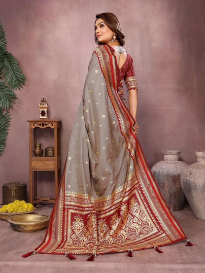 Grey Color Handloom Silk Fabric Jacquard Weaving Designer Partywear Saree