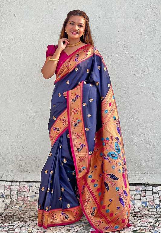 Nevy Blue Color Soft Silk Fabric Woven Meenakari Designer Ethnic Partywear Saree