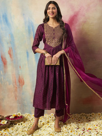Purple Color Cotton Silk Ethnic Fancy Partywear Suit With Classy Looks