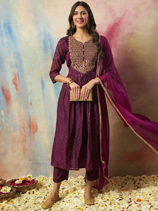 Purple Color Cotton Silk Ethnic Fancy Partywear Suit With Classy Looks