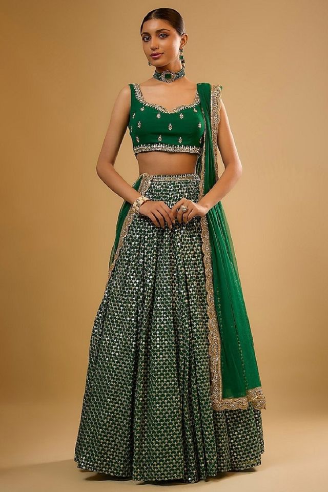 Leheriya Style Lehenga Choli with Embroidered Dupatta EL-601-GREEN
