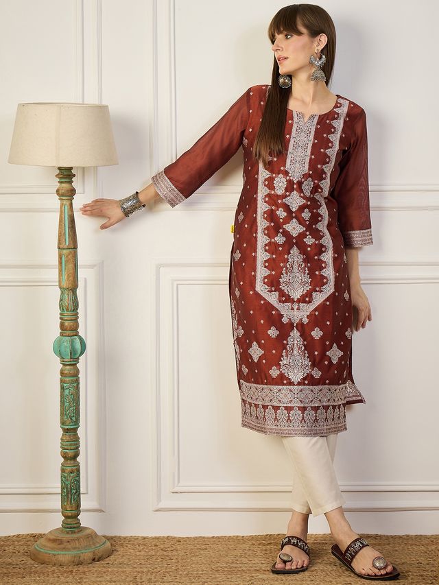 Orange Color Cotton Silk Fabric Woven Designer Ethnic Formal Kurta