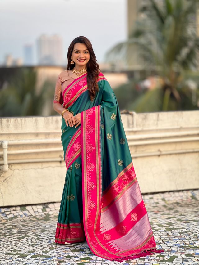 Rama Color Soft Silk Woven Designer Saree For Ceremonial Looks