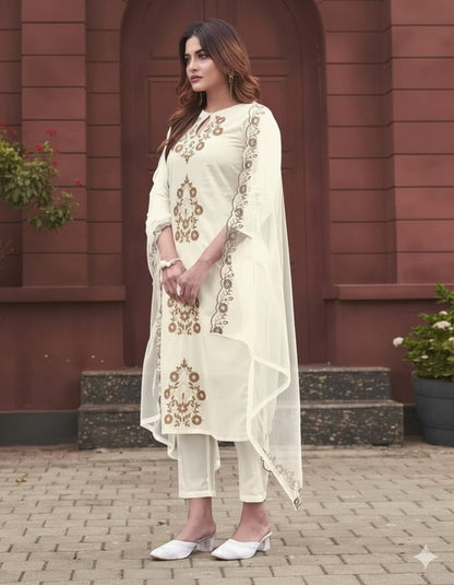 Off White Color Rayon Slub Fabric Beautiful Festive Wear Salwar Kameez