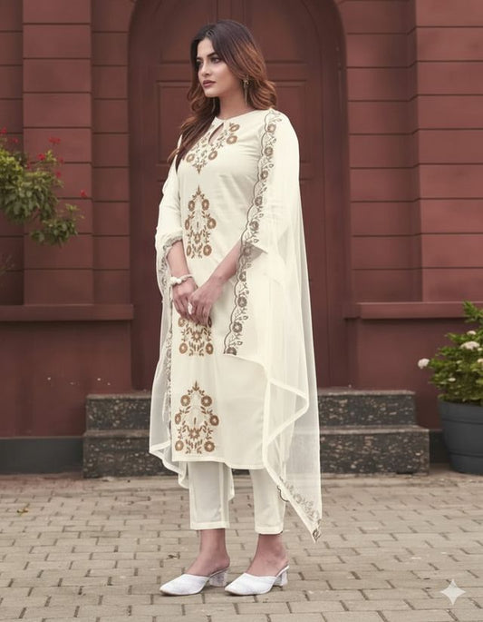 Off White Color Rayon Slub Fabric Beautiful Festive Wear Salwar Kameez
